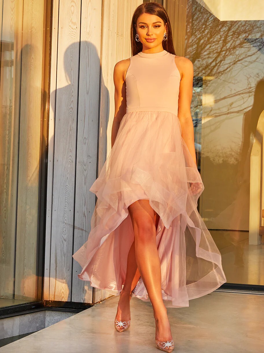 Chi London Pink Midi Dress Party High Neck Tulle 6 8 10 12 14