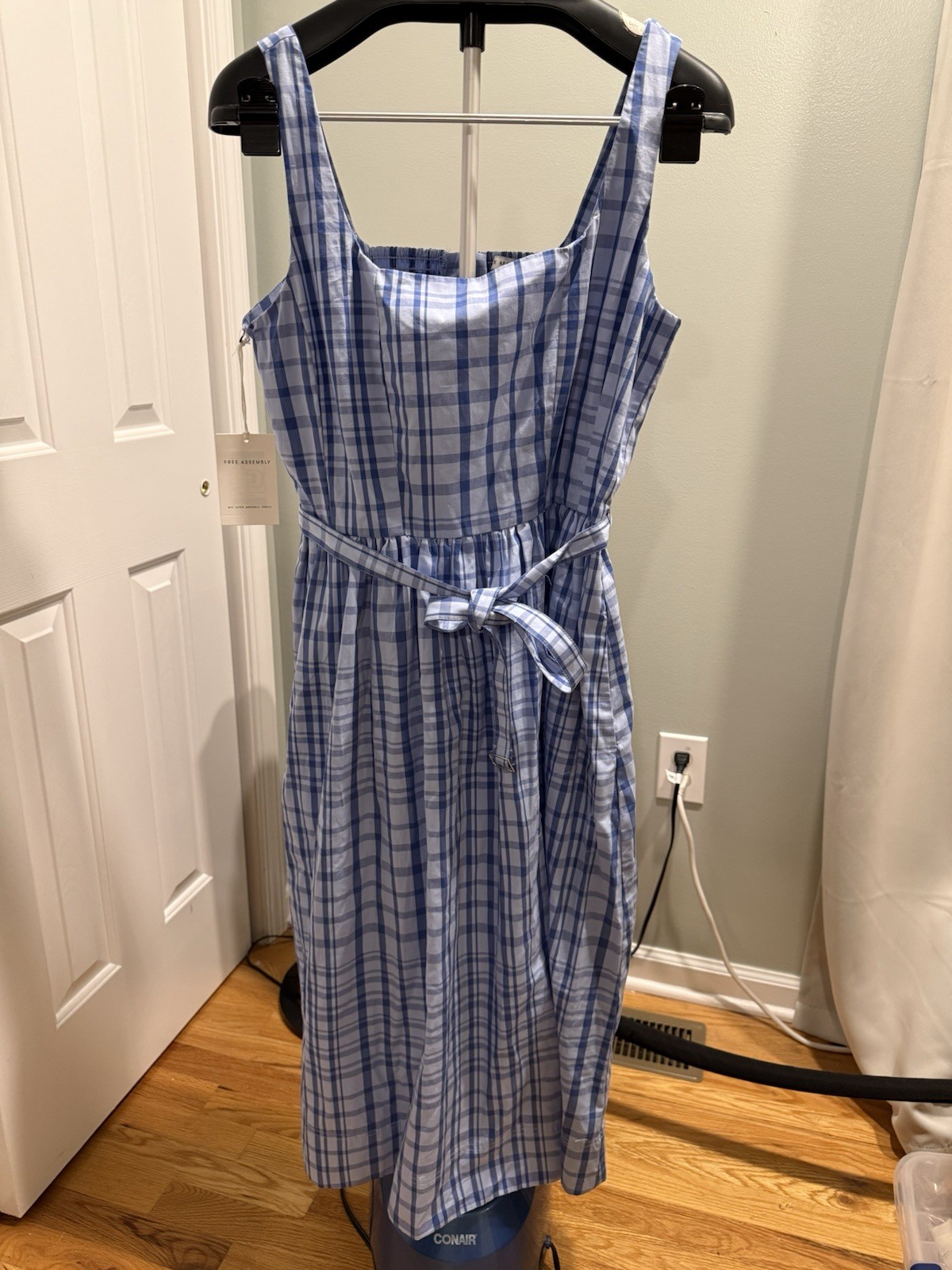 Blue Gingham Midi Dress Square Neck Tie Waist Smocked Back Cottagecore Size L