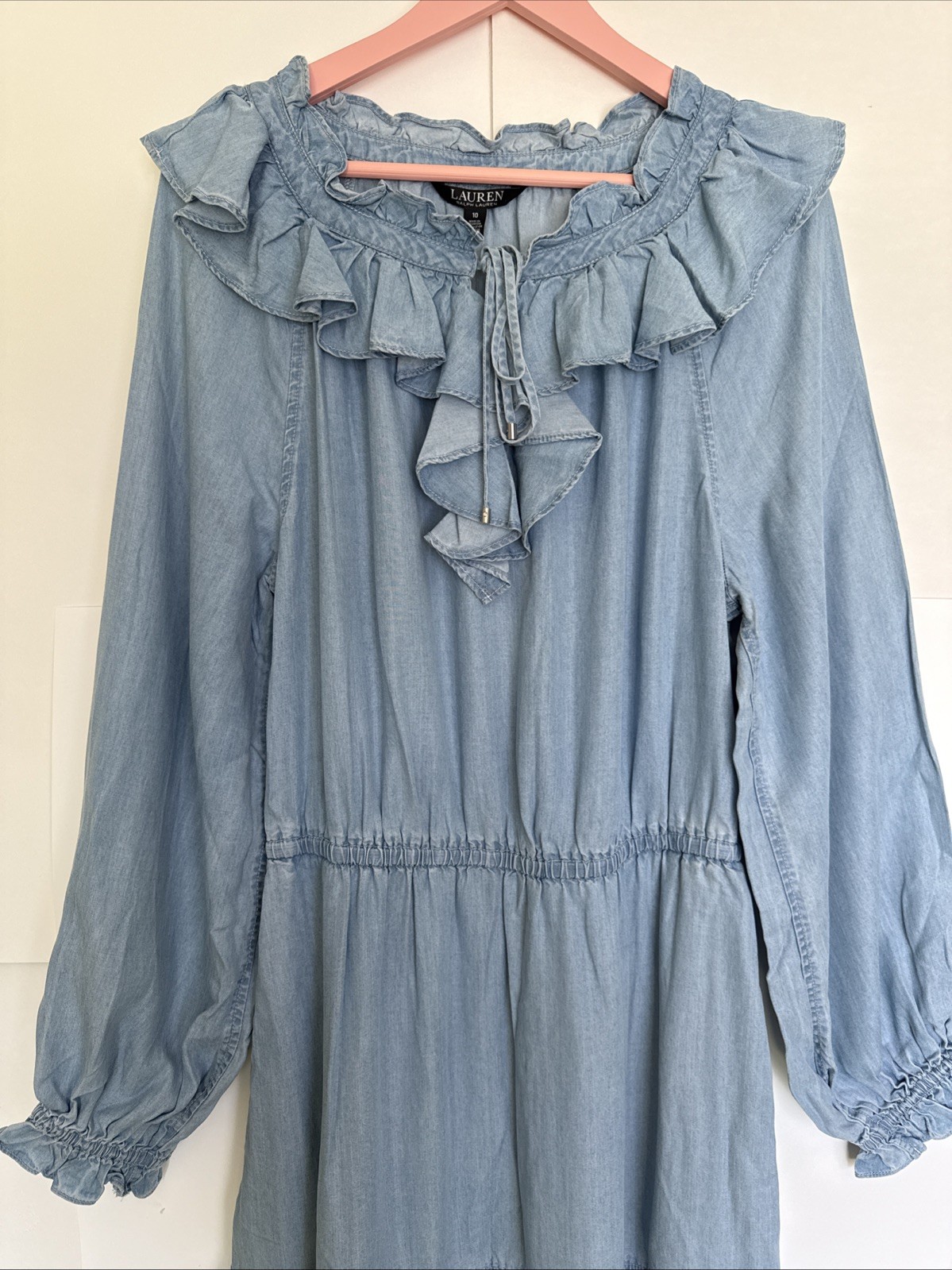 Lauren Ralph Lauren Chambray Dress Ruffle Neckline Tiered Skirt Size10 NWT