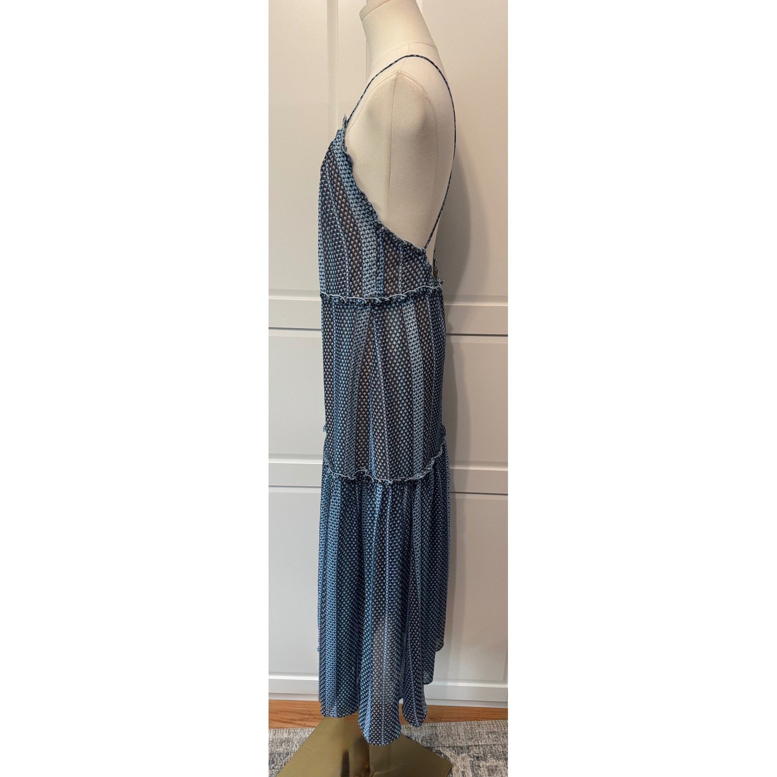 Finders Keepers Blue Geometric Tiered Maxi Dress Open Back V-Neck Small Blue