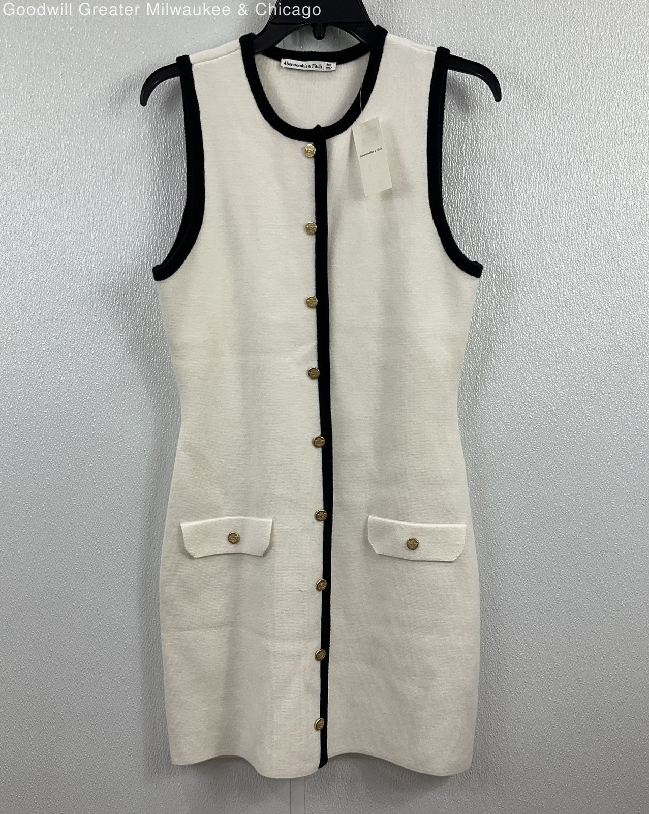 Abercrombie & Fitch Cream Knit Mini Dress Black Piping & Gold Buttons SZ. M