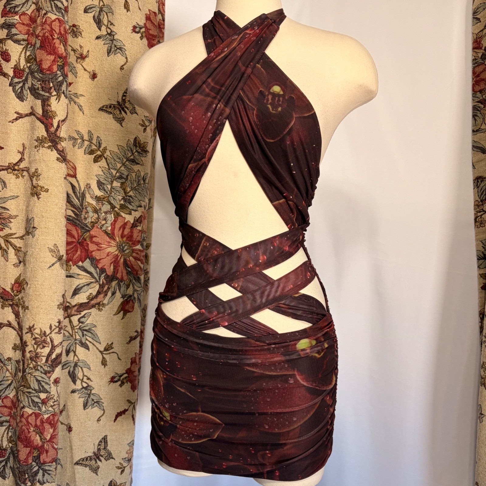 Outcast stunning Burgundy y2k Cutout wrap dress with floral rose water print