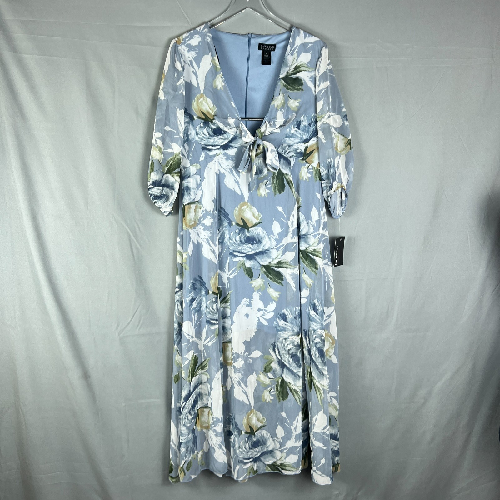 Enfocus Studio Maxi Dress Womens 14 Light Blue Floral Knotted Front V Neck Party