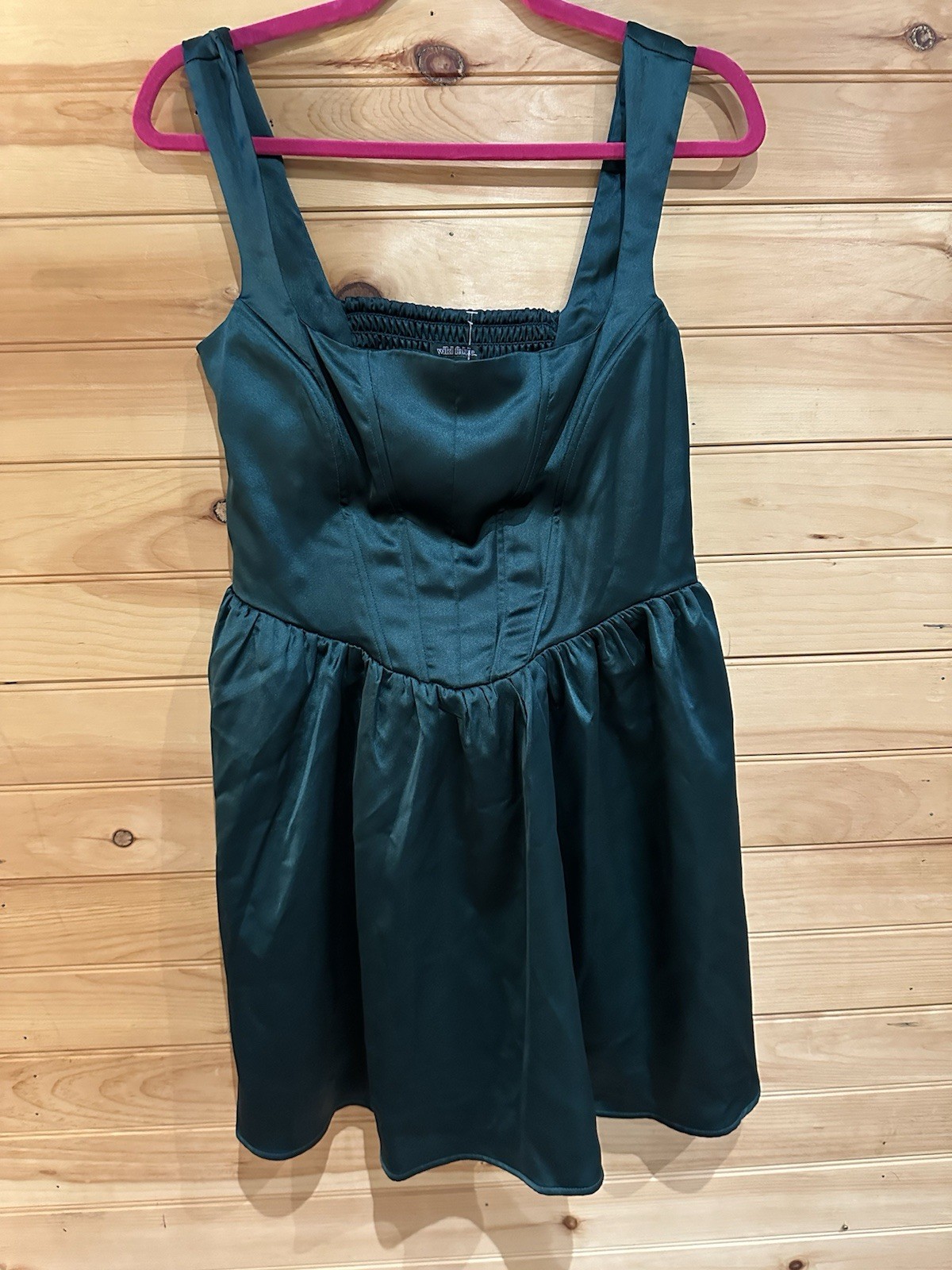 Wild Fable Green Satin Smocked Back Mini Dress Square Neck Sleeveless Strappy M