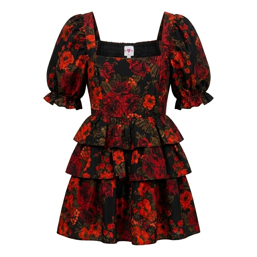 Coquette Goth Red Rose Floral Tiered Mini Dress Puff Sleeve Ruffle Romantic S