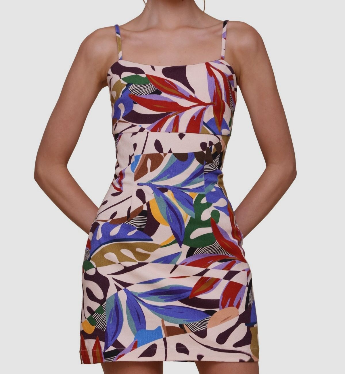 Avec Les Filles Women’s Beige Printed Square Neck Sleeveless Mini Dress Sz 10