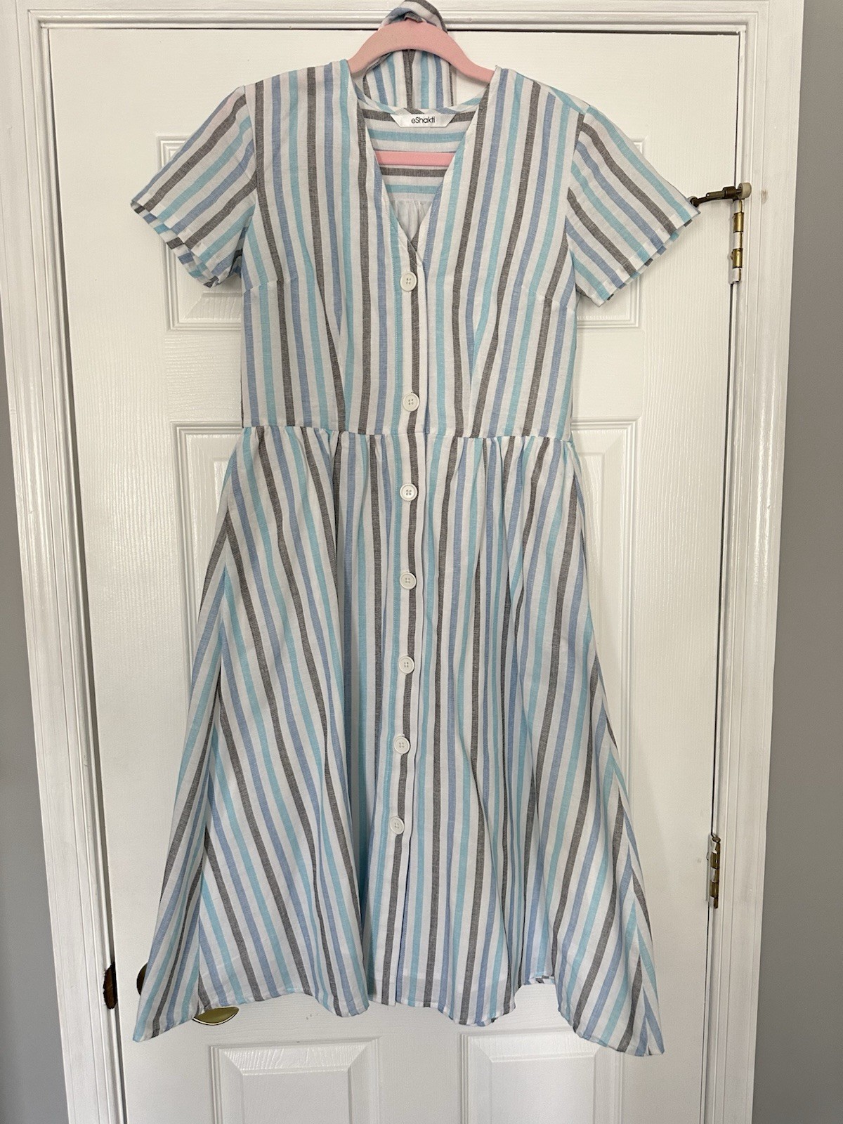 EShakti Summer Blue And White Stripe Linen Like Shirtdress Size XS