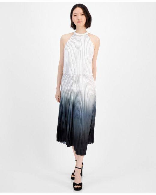 Tahari Pleated Ombré Dress Size 8 Black White Sleeveless Halter Sheath NWT