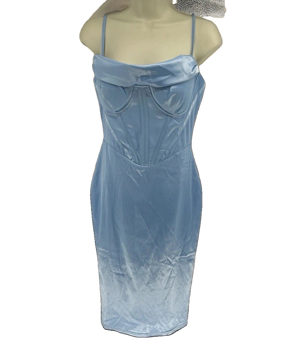 Satin Sky Blue Corset Dress Sz S Midi Adjustable Bra Straps Going Out
