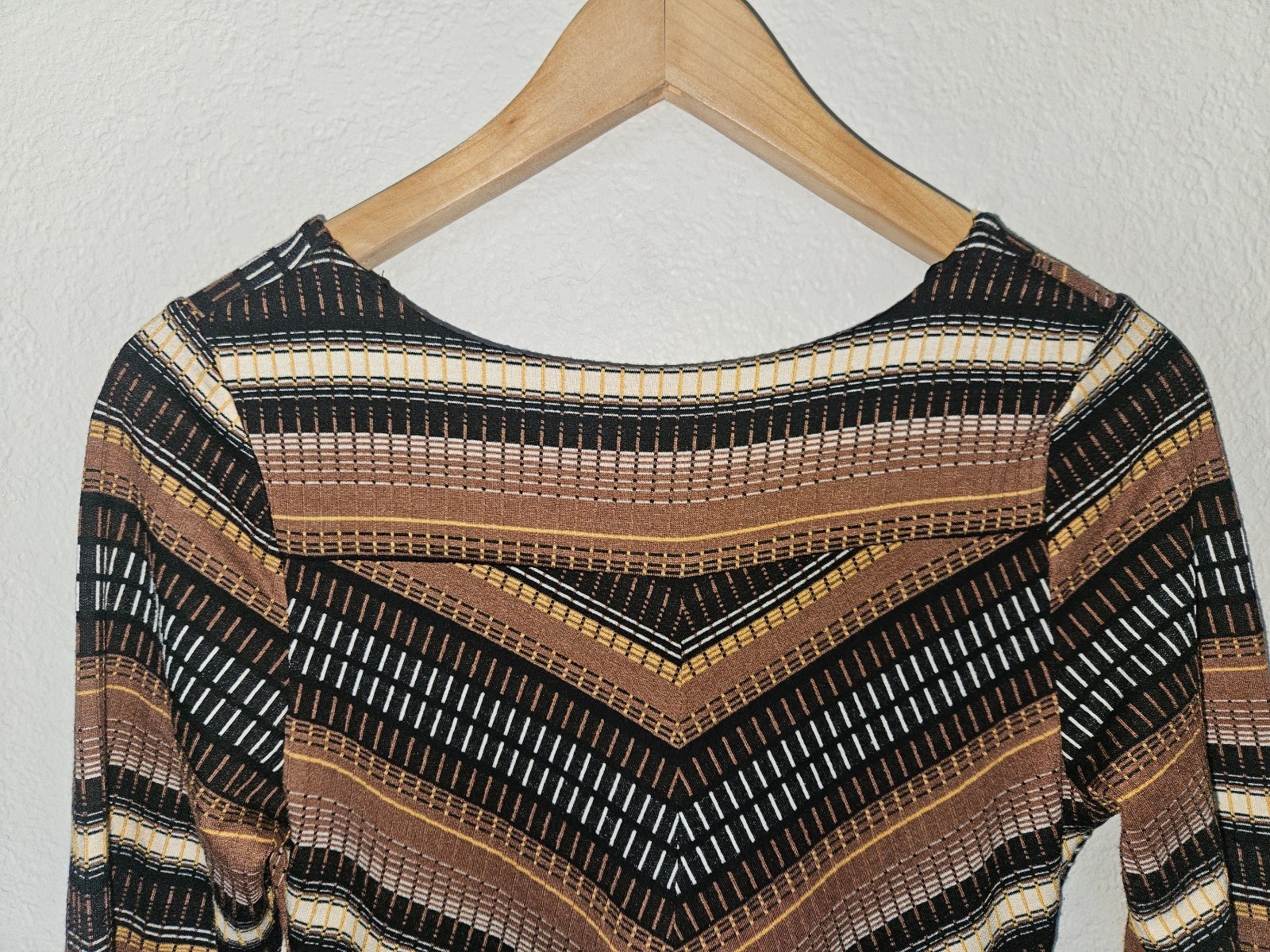 Maeve Striped Wrap Midi Dress XS Textured Brown Black Gold 70s Mod Anthropologie