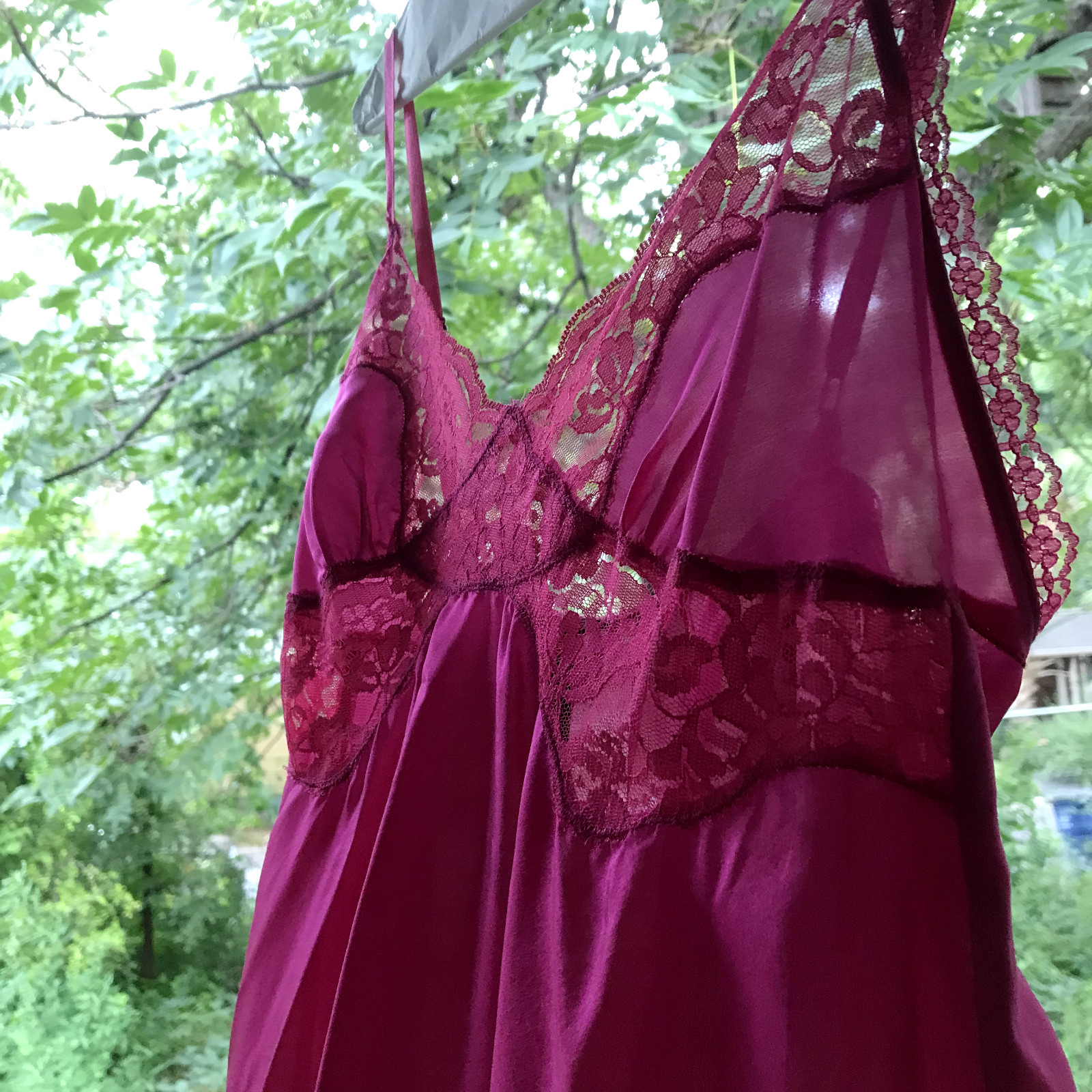 VTG Magenta Midi Slip Dress, 100% Silk Scalloped Lace V-Neck, Rib, Hem, and Trim