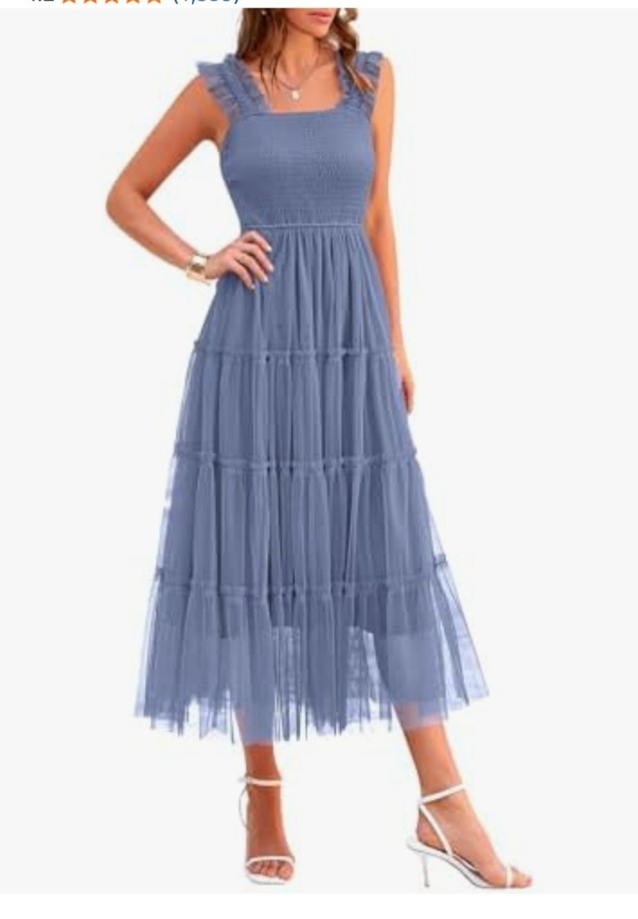 Pretty Garden Womens Small Blue Smocked Ruffle Sleeve Tulle Midi Dress Casual