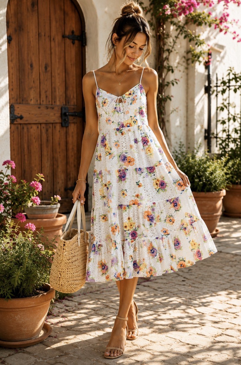 WAYF White Eyelet Floral Midi Dress M Cotton Tie Front Sundress