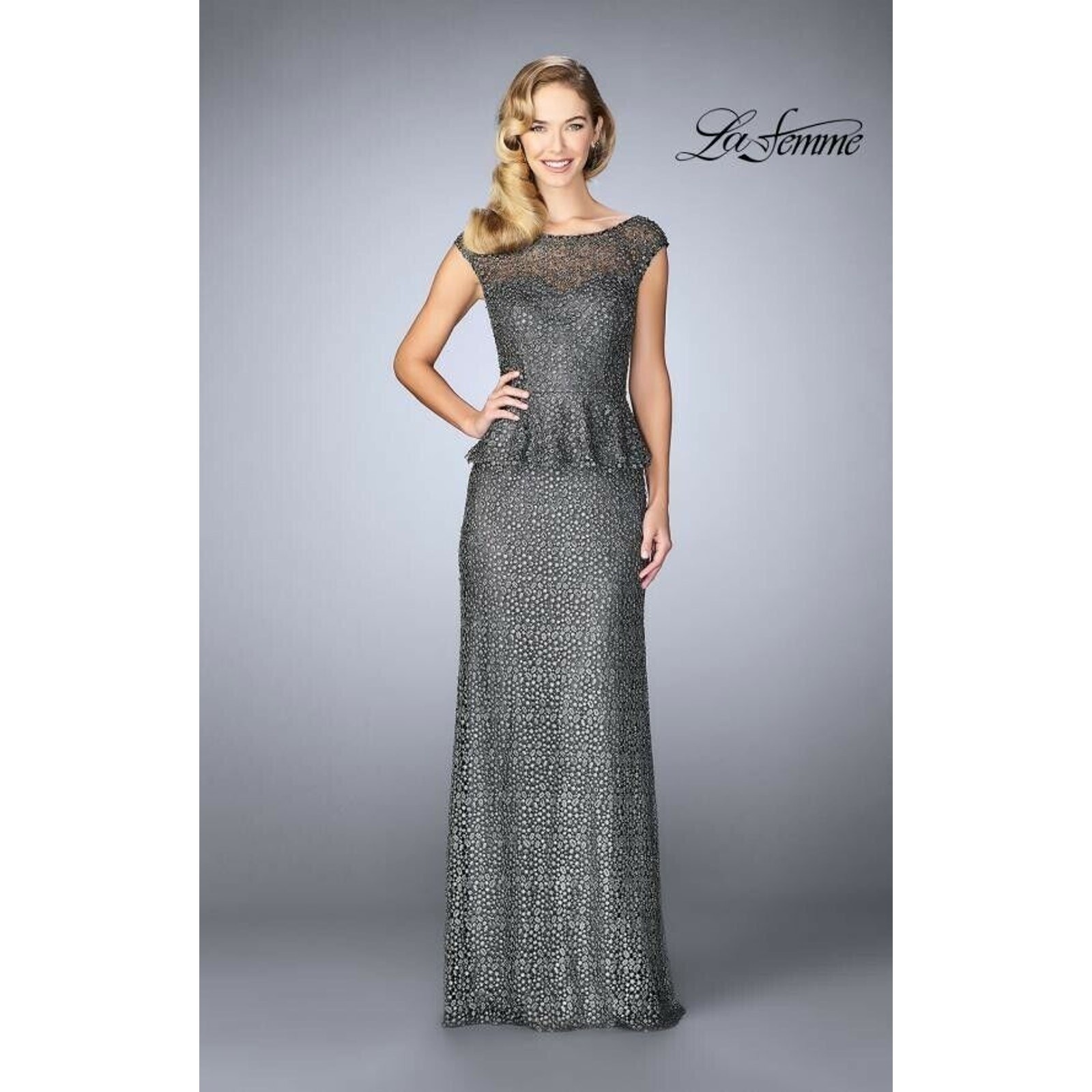 LA FEMME NEW $768 Cap Sleeve Peplum Gown in Gunmetal Style 24896 Size 4