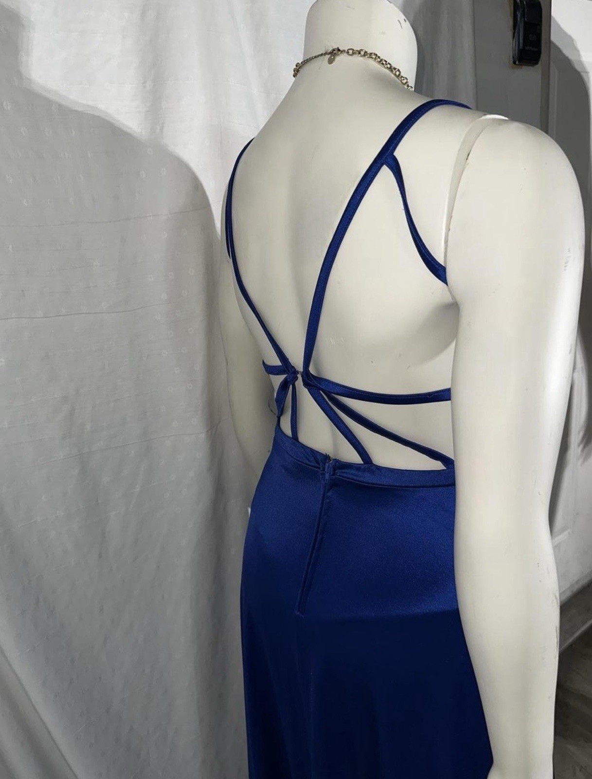 City Triangles Royal Blue Satin Strappy Gown Sheath Dress Slit Open Back Size 13