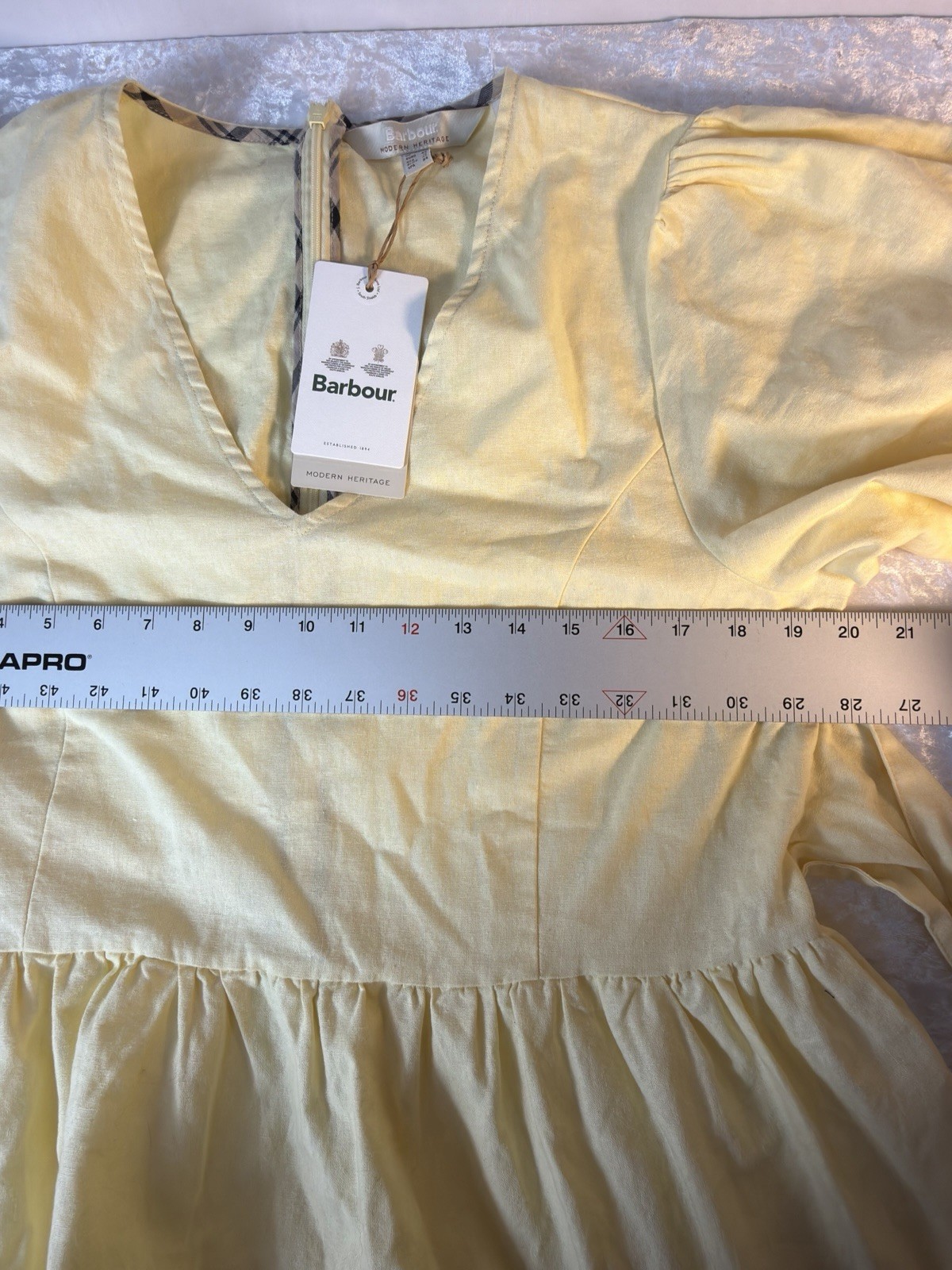 Barbour Yellow Linen Midi Dress Puff Sleeve Tie Back Womens 10 NWT