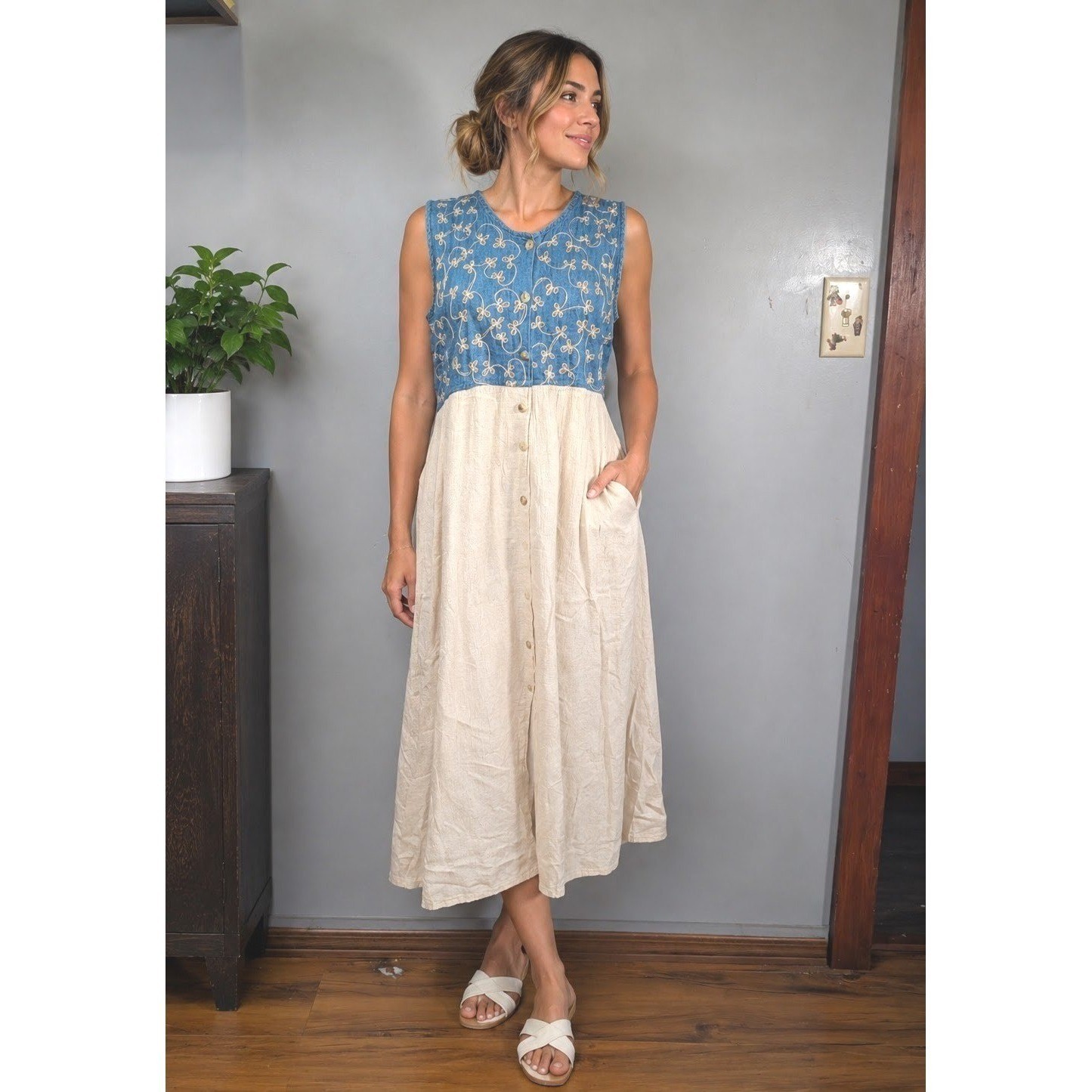 Vtg Embroidered Denim & Linen Maxi Dress Cottagecore Prairie Boho Button Front