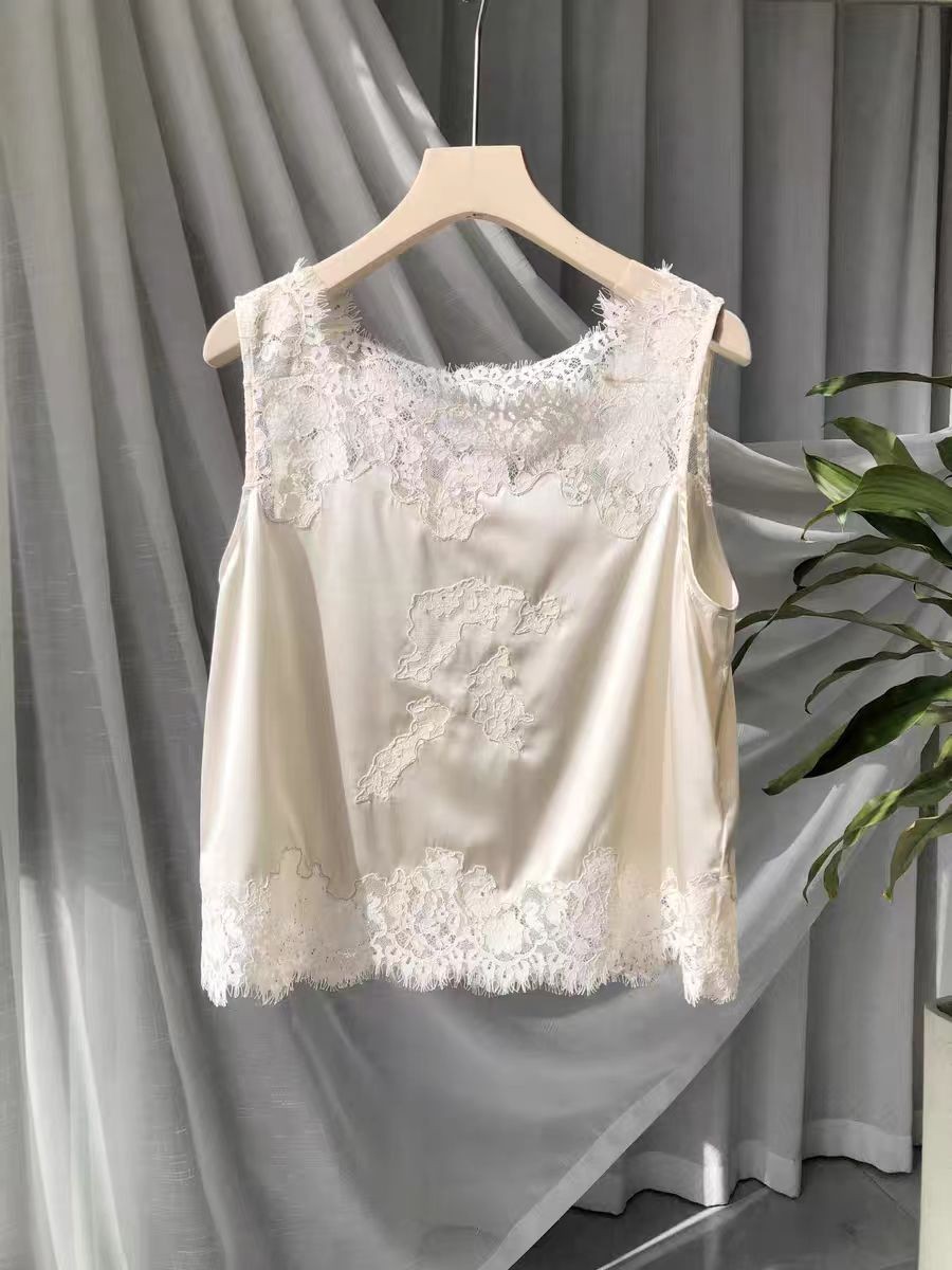 Doen lace patchwork silk vest shorts set