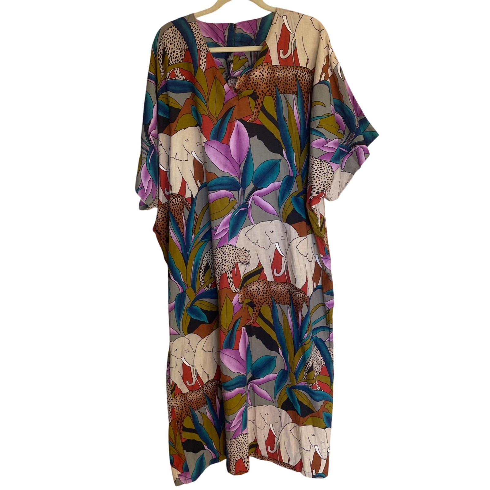 Vintage Dress Kaftan Womens One Size Multicolor Tropical Jungle Print Cotton Mod