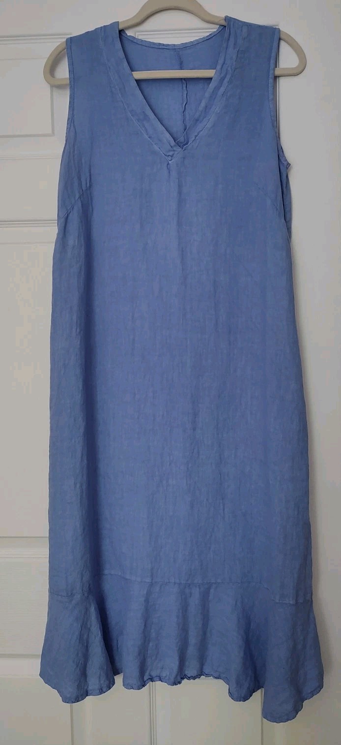 Francesca Bettini Midi Periwinkle Blue 100% Linen Dress Ruffle Hem V Neck Size M