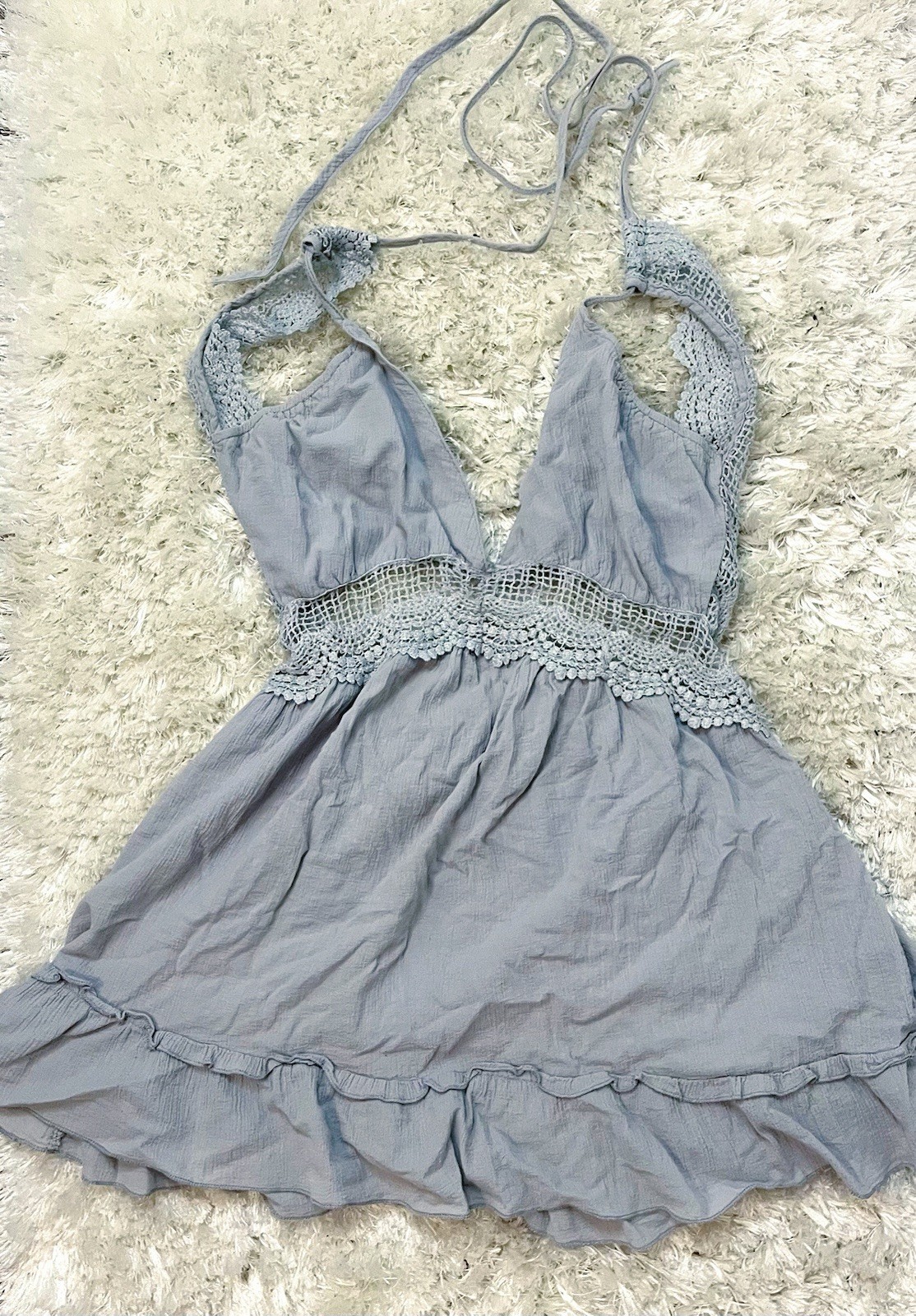 Gray Crochet & Ruffle Accent Sleeveless Sundress, V-Neck, Backless, Tie Closure