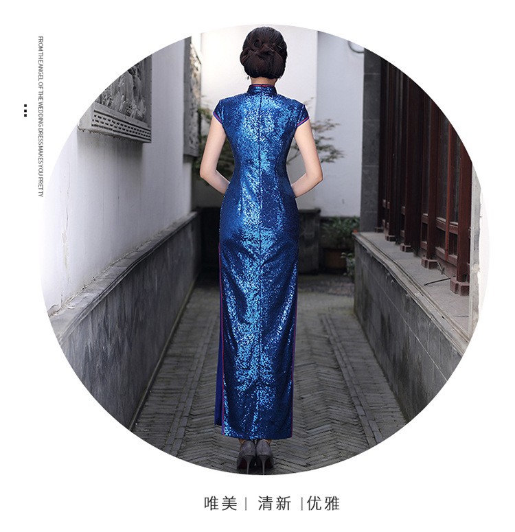 Women Sequined High Split Slim Stage Party Dress Phoenix Embroidered Cheongsam