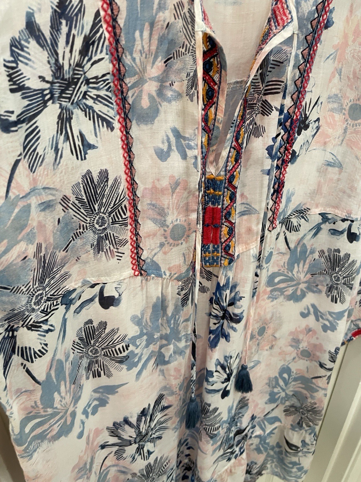 Johnny Was Pink and Blue Floral Embroidered Long Sleeve Dress Size M