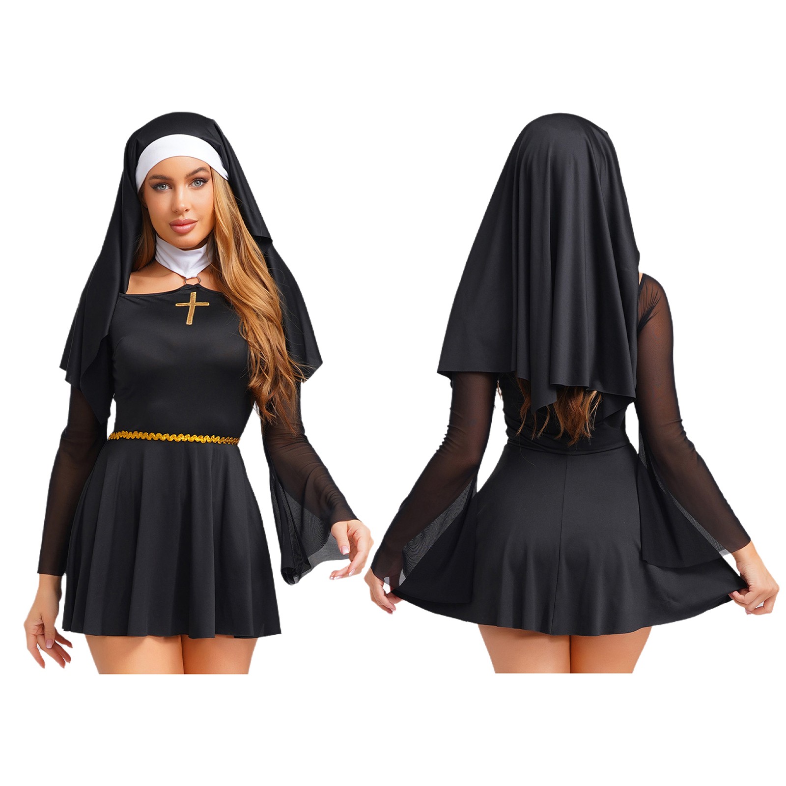 US Women Sexy Nun Costume Halloween Cosplay Fancy Dress Dress with Nun Headpiece
