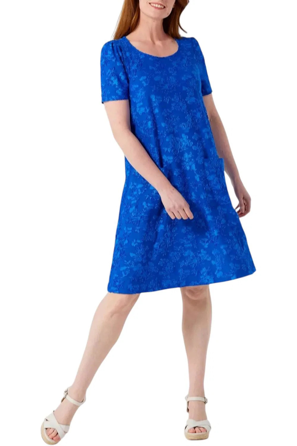 Nina Leonard Women’s Scoop Neck Elbow Sleeve Trapeze Dress Blue