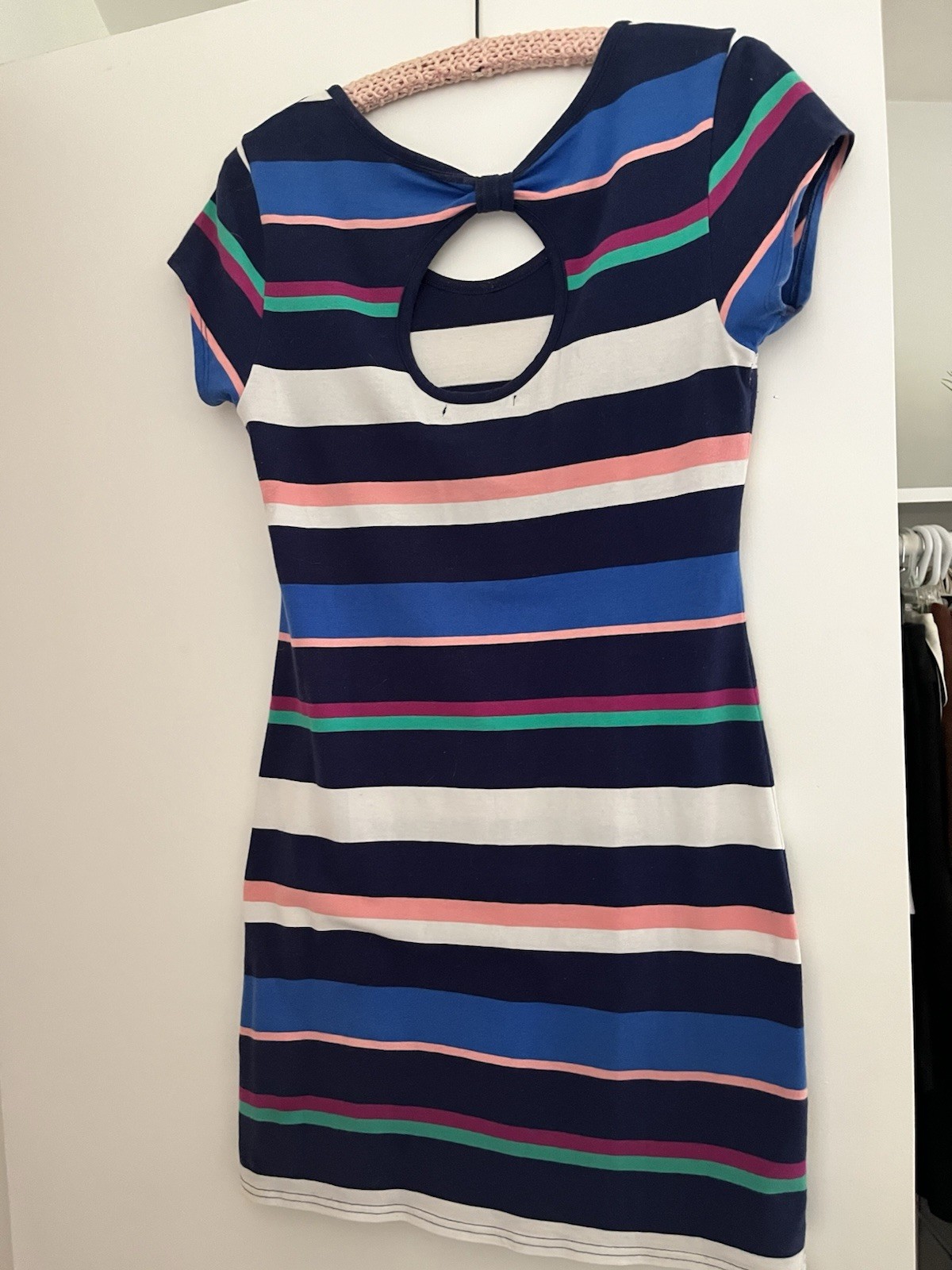 Planet Gold L Striped Bodycon Dress Keyhole Neck Bow Short Sleeve Stretch