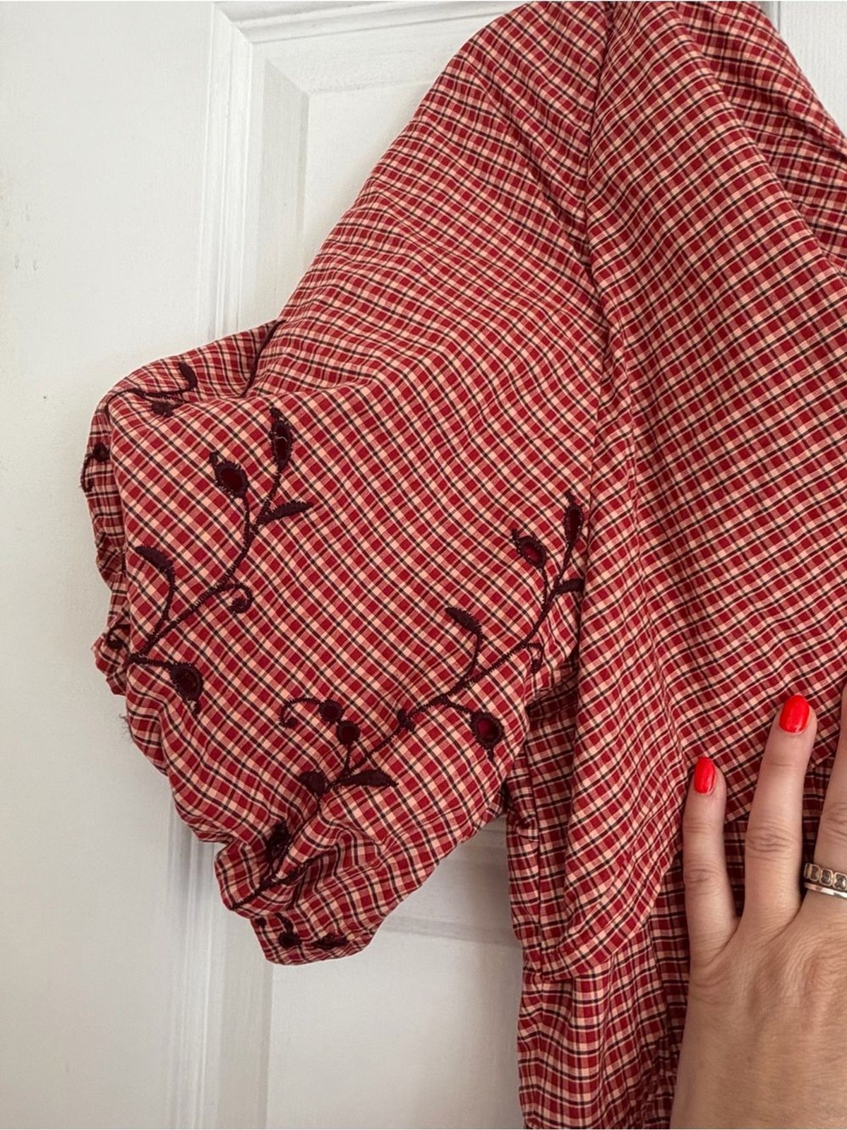 Madewell NWOT Red Gingham Embroidered Puff Sleeve Bow Back Midi Dress Size 10