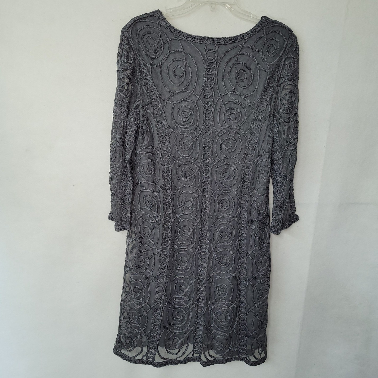 Weavz Designer Dress Gray Swirl Embroidered Mesh Overlay L Long Sleeve Sheath