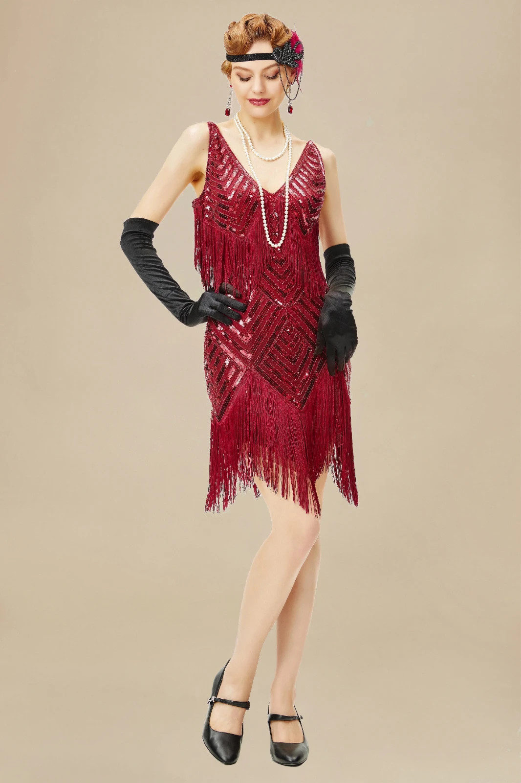 NEW Babeyond Beaded Sequin Fringe Flapper Gatsby Dress Women’s Small Maroon