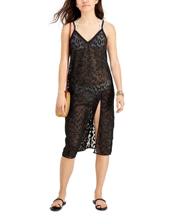 Miken Juniors’ Lurex Animal-Print Midi Cover-Up Dress, Black, X-Small