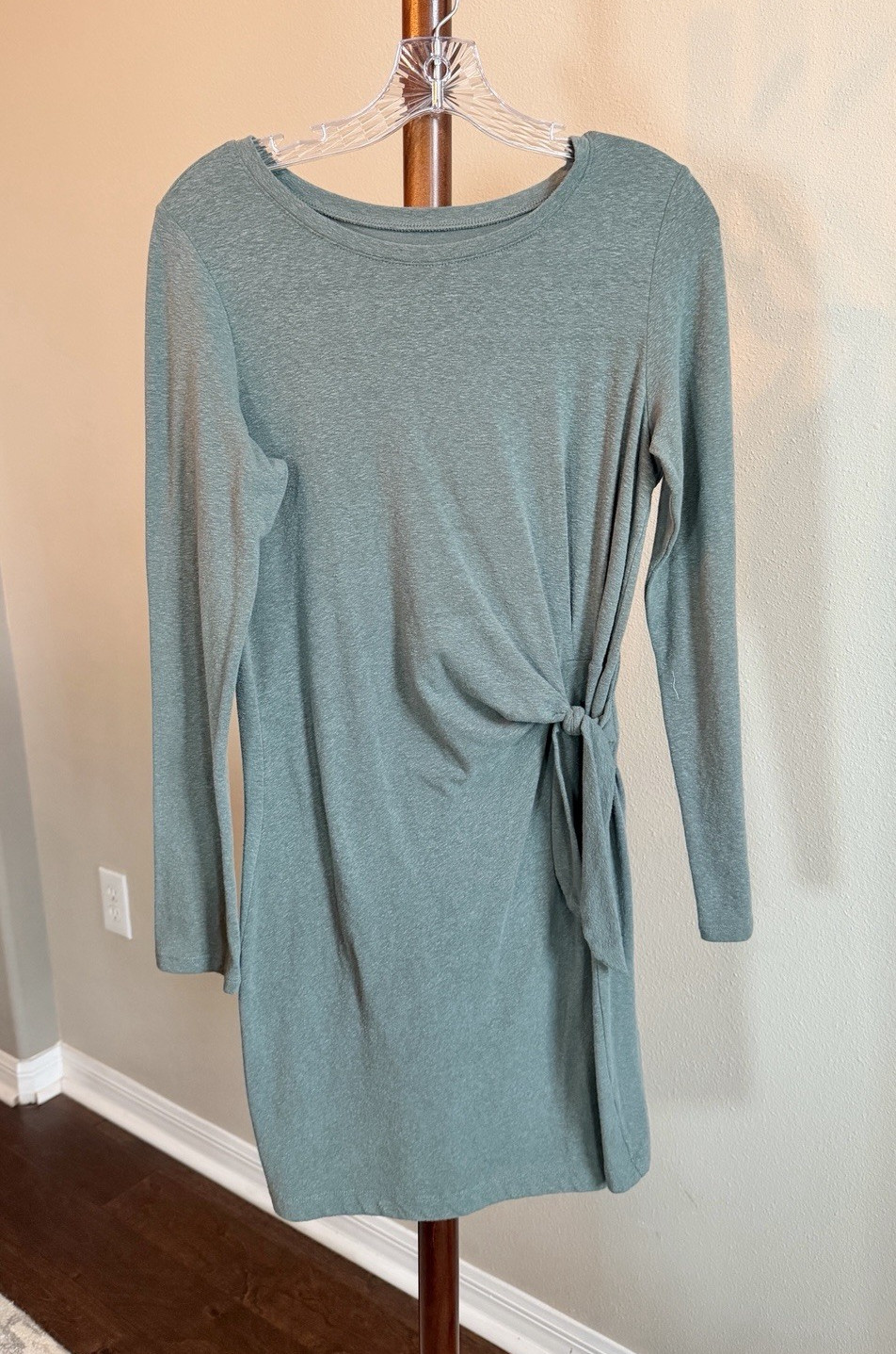 aerie Green Solid T-Shirt Dress Long Sleeve Tie Waist Short Size S
