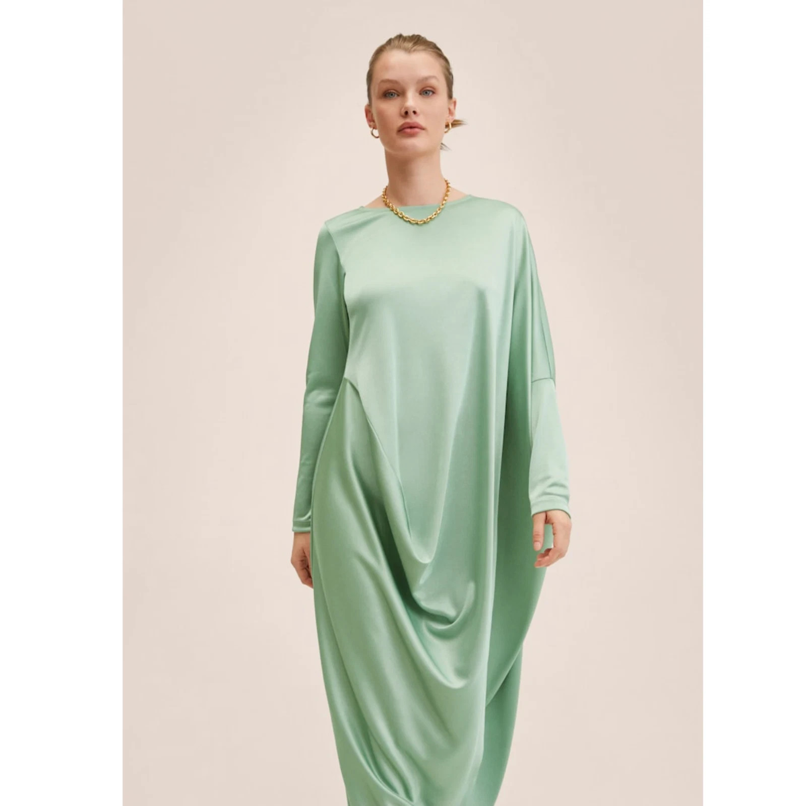 Mango Mint Green Asymmetric Draped Maxi Dress Sz8 Long Sleeve Ramadan Collection