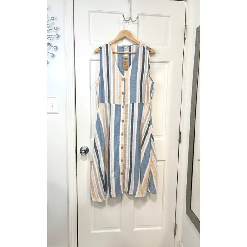 Marissa Olivia Linen Blend Striped Dress XL Blue Peach Button Front Midi Pockets