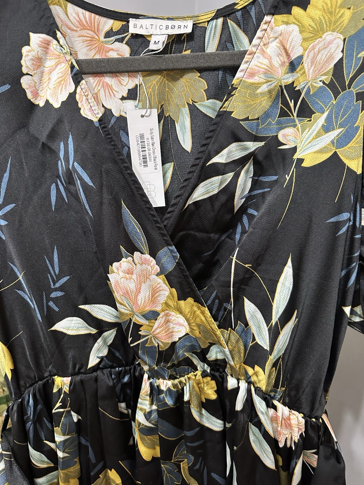 Baltic Born Floral Maxi Dress Blue Satin Wrap V-Neck Flutter Sleeve Pockets M