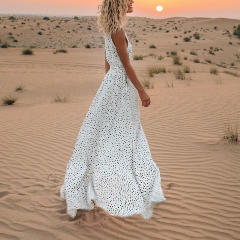 Women Sleeveless Polka Dots Boho Maxi Dress Cocktail Party Summer Beach Sundress