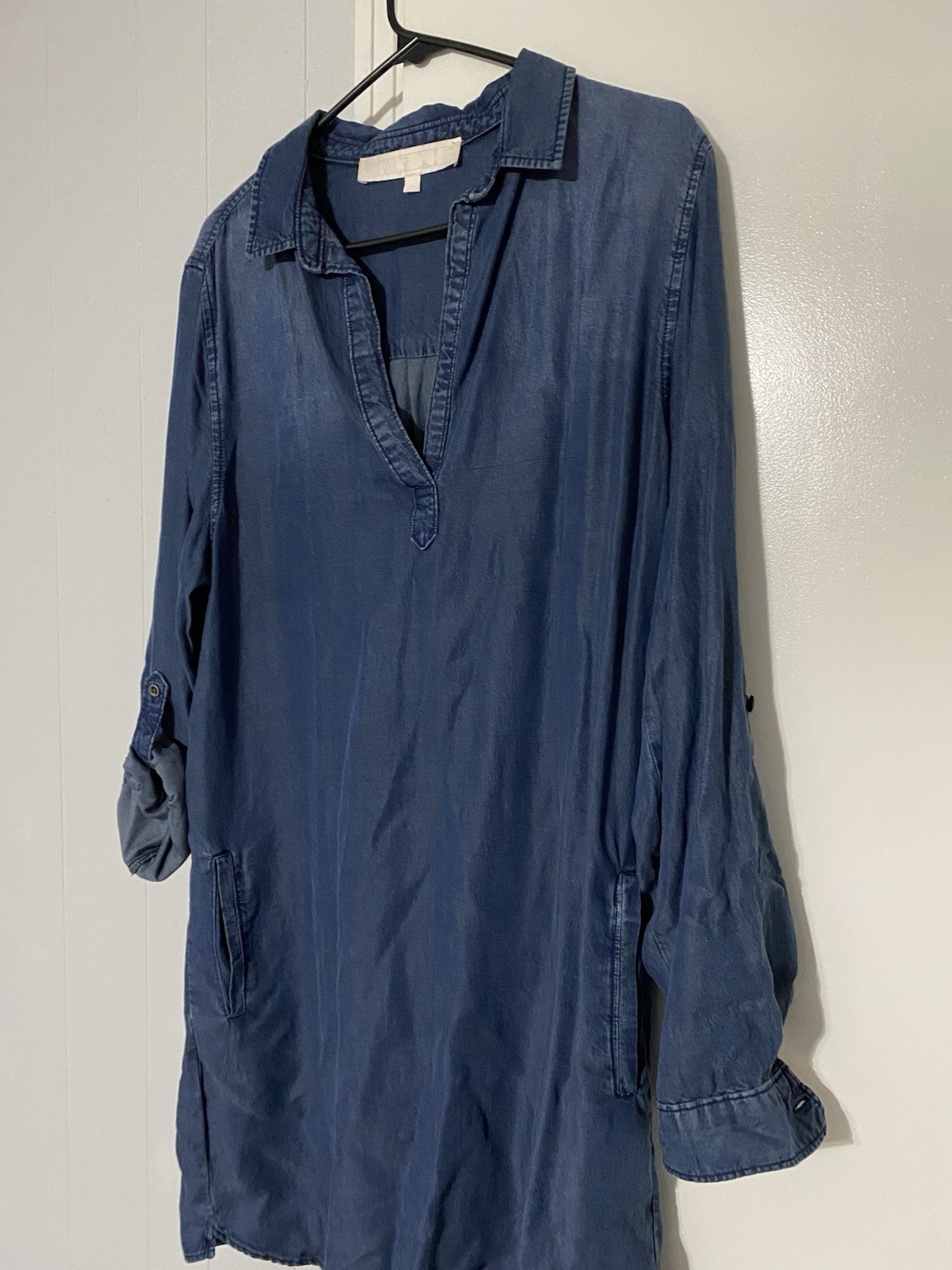 Karlie Denim Tencel Lyocell Chambray Shirt Dress Blue Large Long Sleeve
