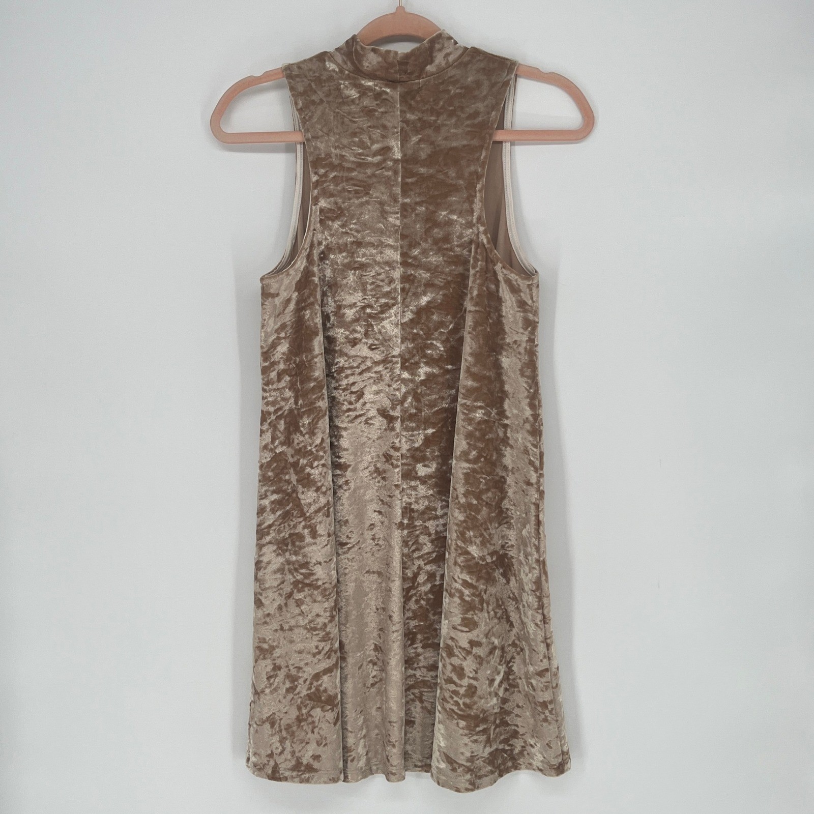 Cherish Crushed Velvet Whimsigoth Mock Neck Swing Dress Taupe Sleeveless Small