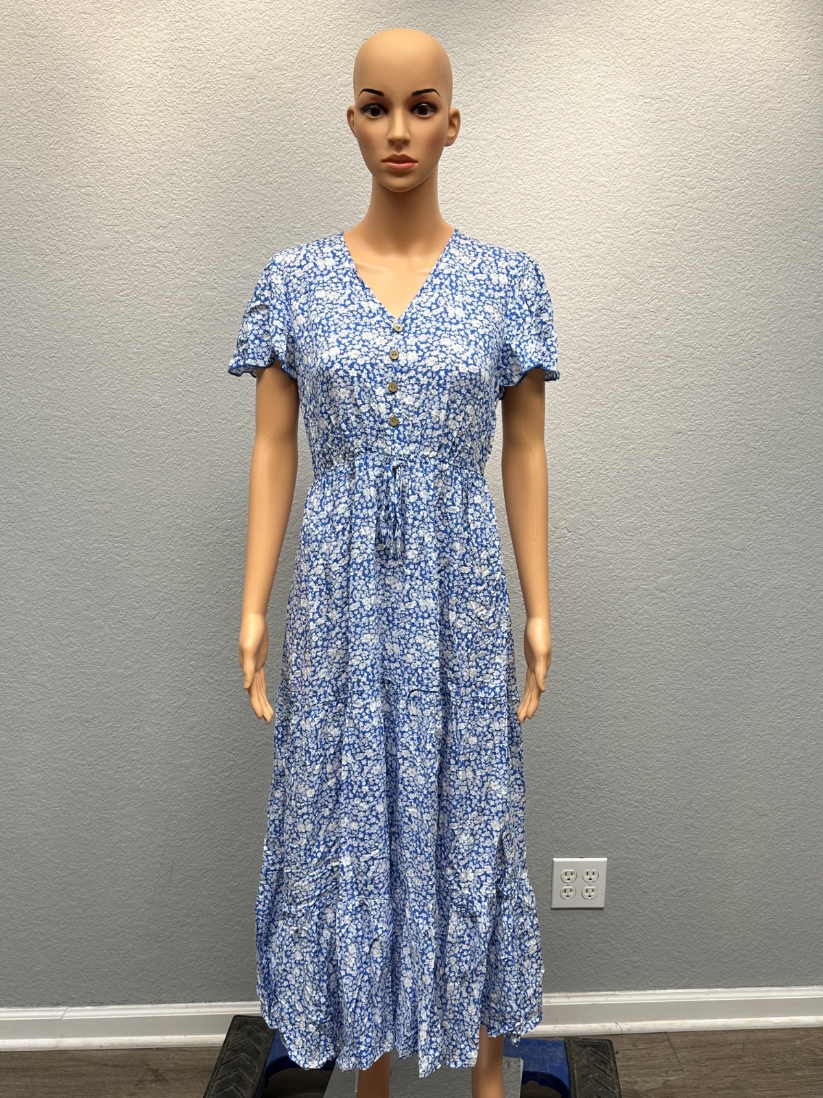 Seta T Women’s V Neck Split Hem Short Sleeve Floral Maxi Sundress Blue Small