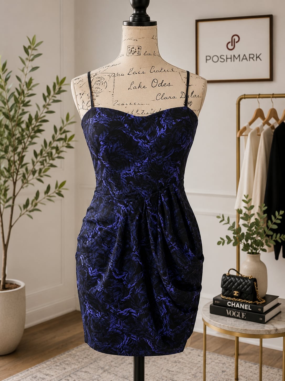 BCBGeneration Sleeveless Black and Blue Floral Jacquard Mini Dress