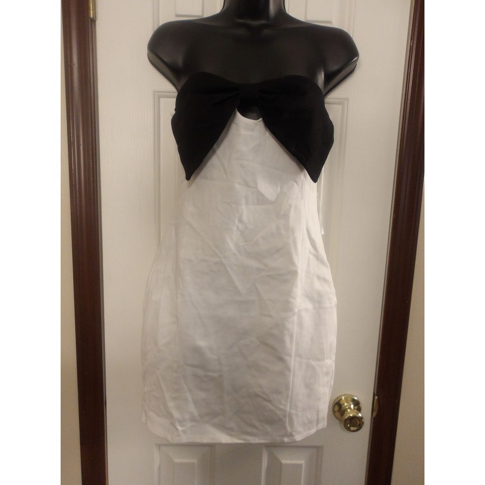 Elegant Strapless Cocktail Dress White Black Bow Detail Party Eve Wear Size M