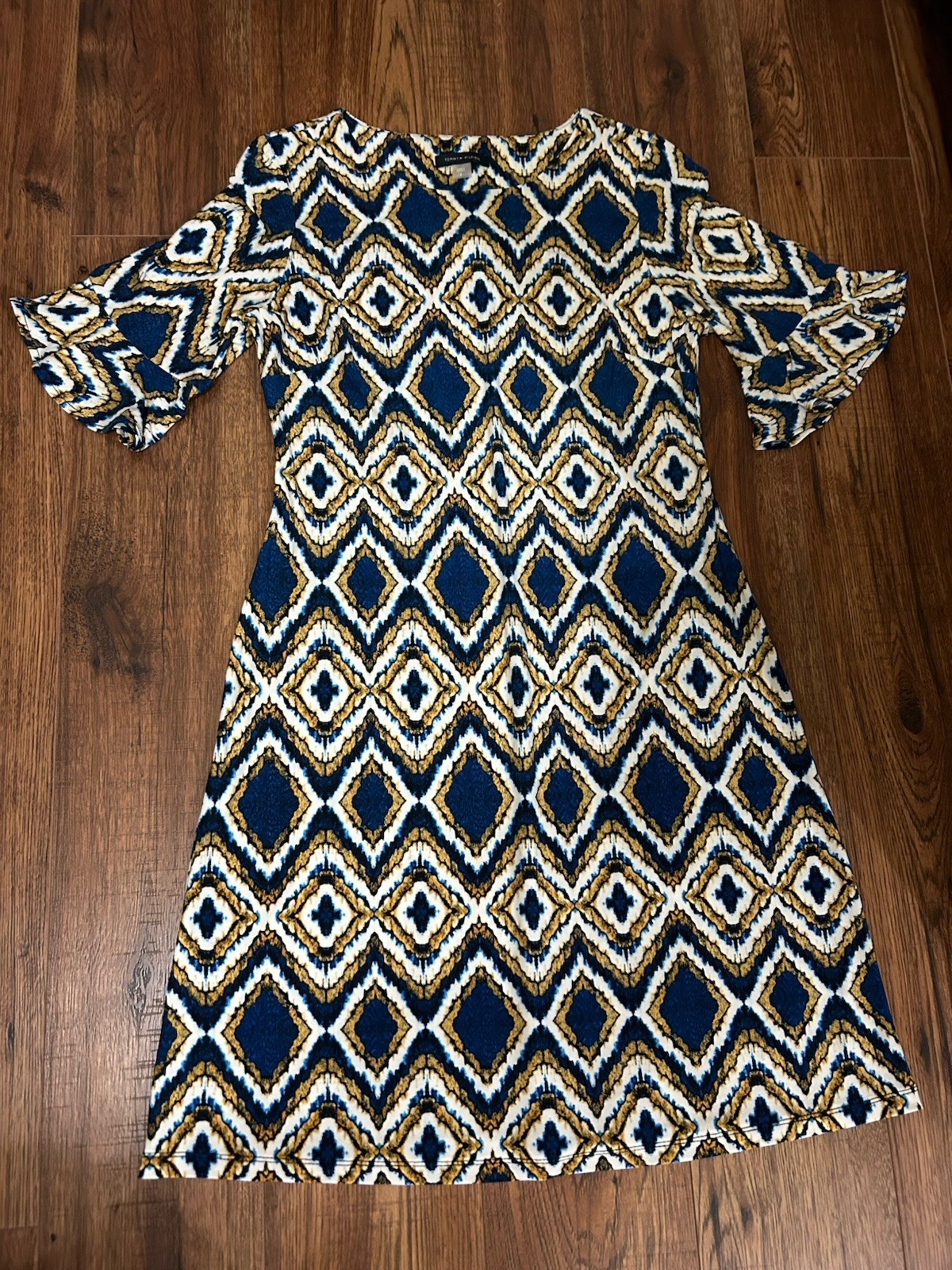 Tommy Hilfiger Blue Gold White Geometric Sheath Dress Ruffle Sleeve Size 6
