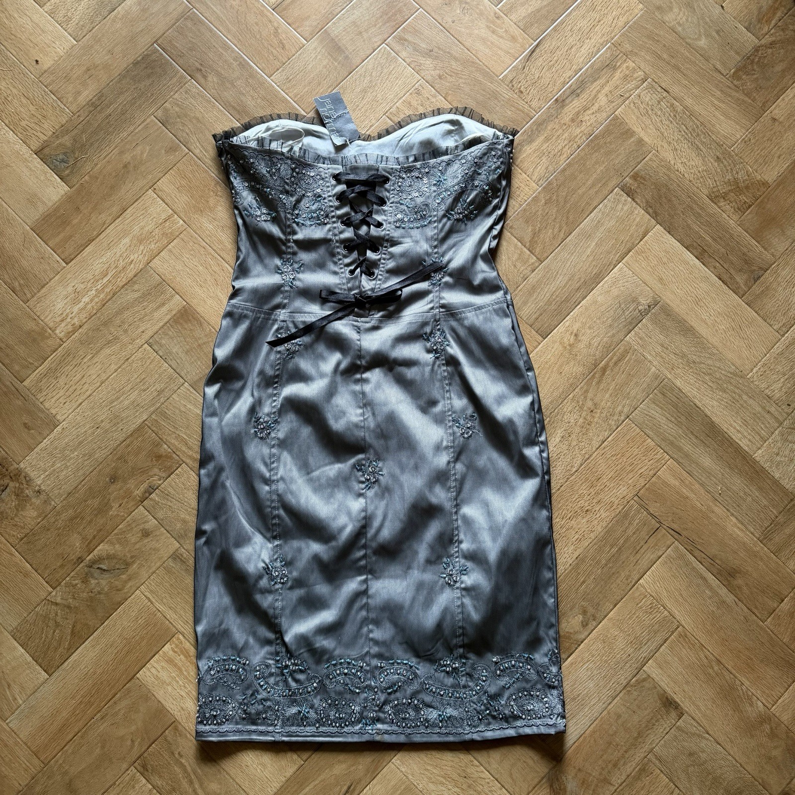 Jane Norman Y2K Strapless Corset Midi Dress Grey Embellished Lace Up Back