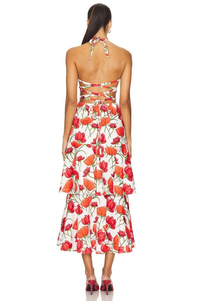MILLY $475 Women’s 10 Open Cross Back Red Peonia Poplin tiered Midi Dress