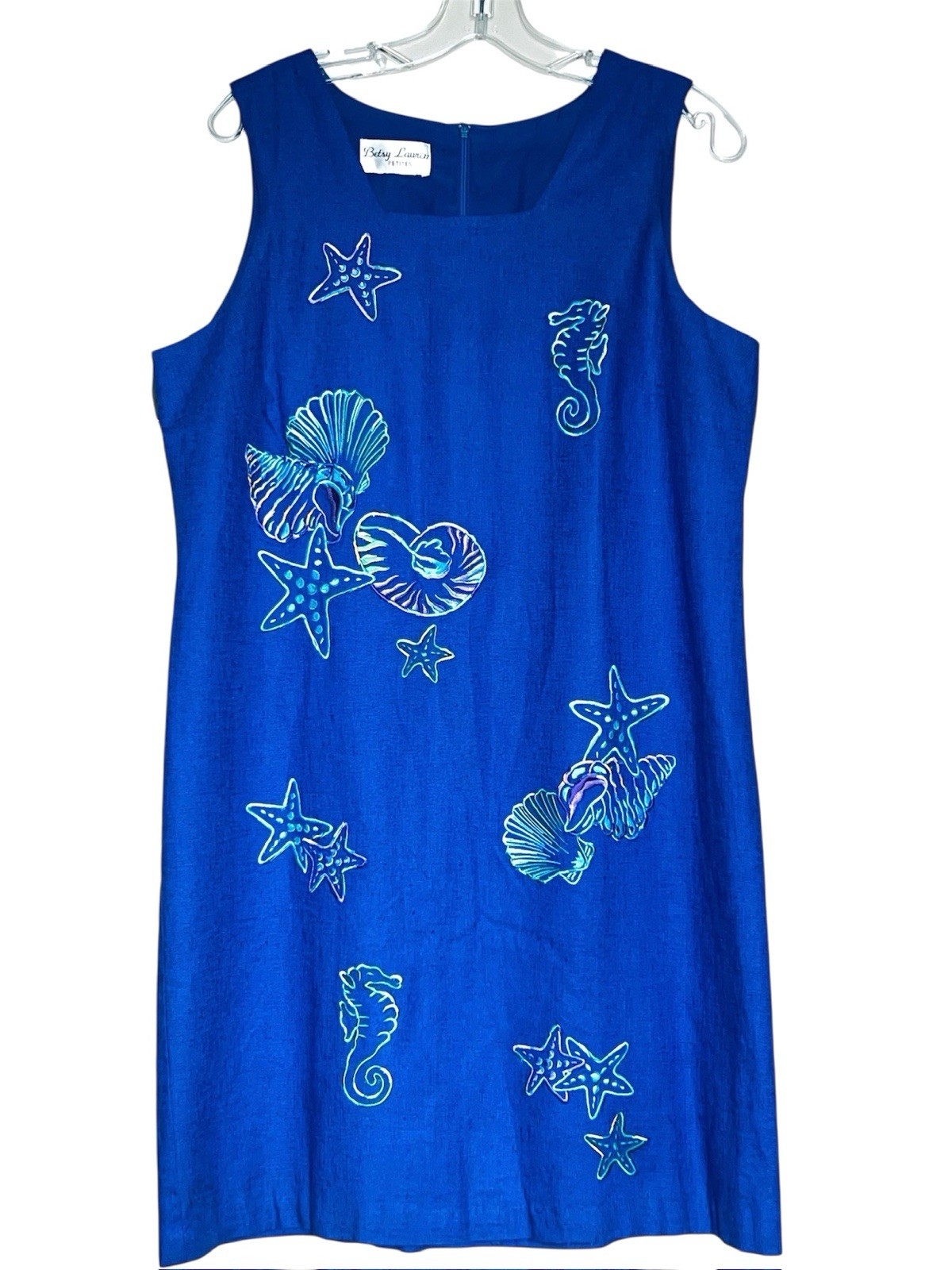VINTAGE BETSEY LAUREN BLUE EMBROIDERED SHELLS SEAHORSE LINEN DRESS PETITES L
