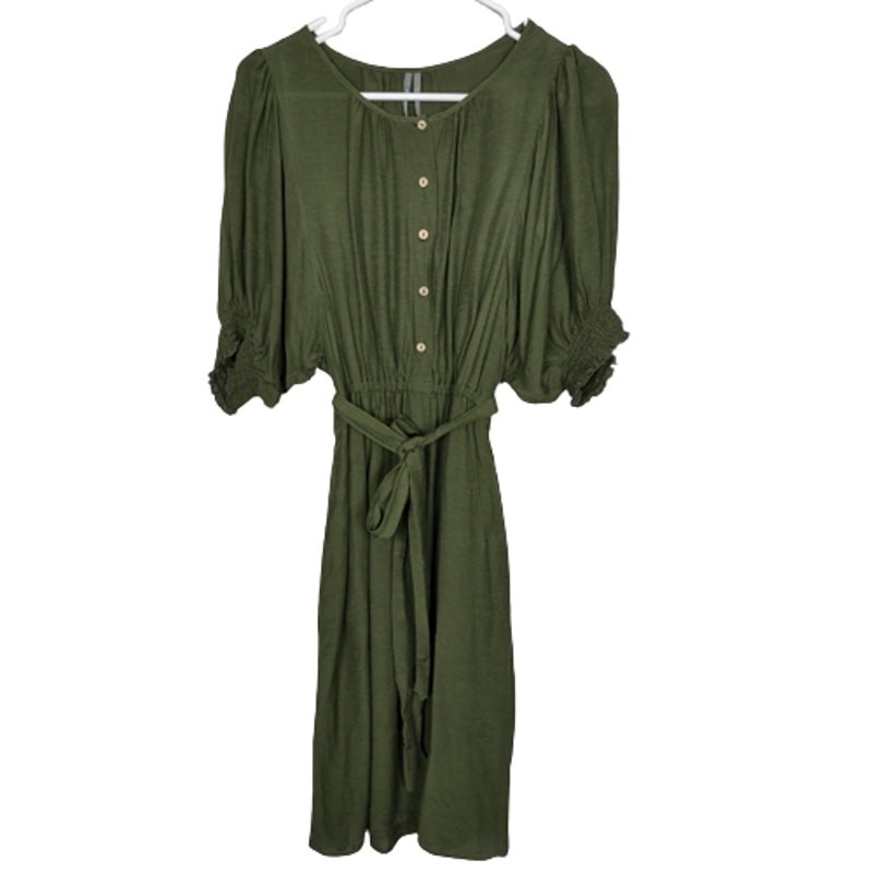 Anthropologie Nicole Puff-Sleeved Linen Blend Shirt Dress in Moss Size XS