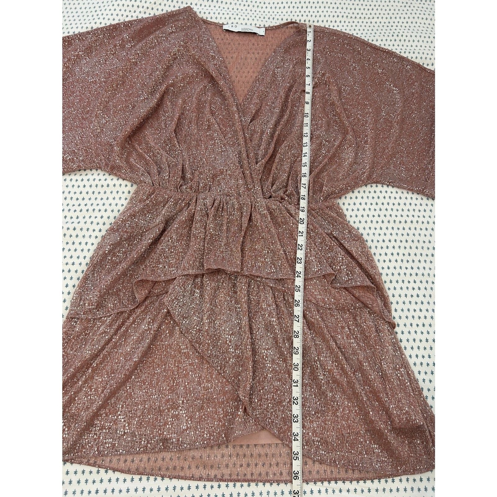 IRO Paris Lamé Ruffled Metallic Rose Gold Shimmer Mini Dress French Size 40 L